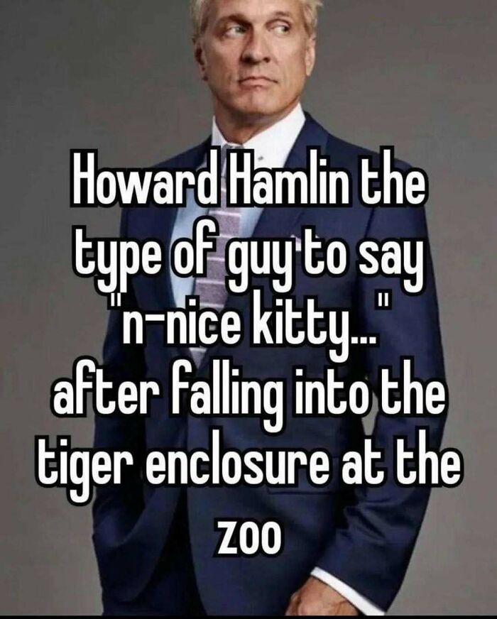 A man in a suit with text overlay, an unhinged meme about Howard Hamlin saying nice kitty after falling into a tiger enclosure.