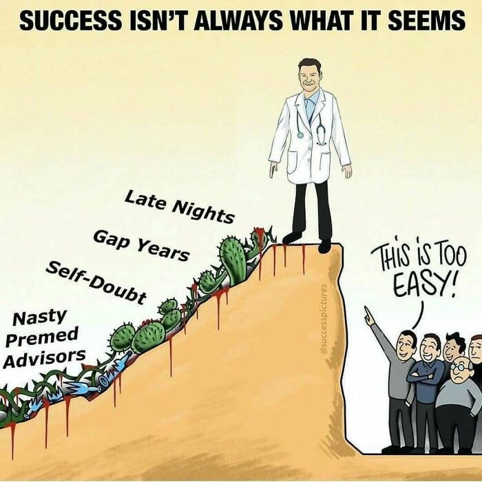 A funny medical meme illustrating a doctor on a cliff with obstacles like self-doubt, showing the hard path to medical success.
