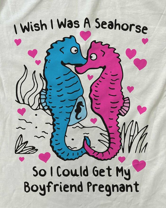 Iconic shirts featuring two seahorses, one blue and one pink, with the text 'I wish I was a seahorse'.