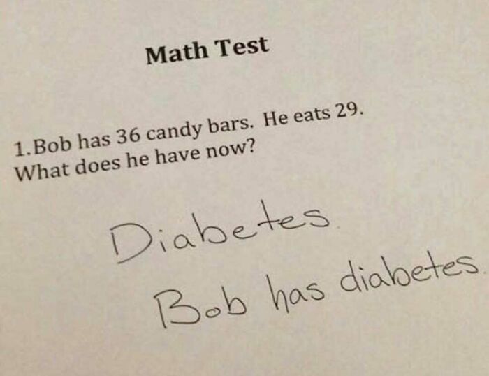 A math test medical meme where the answer to a question about eating too many candy bars is 'Diabetes.'