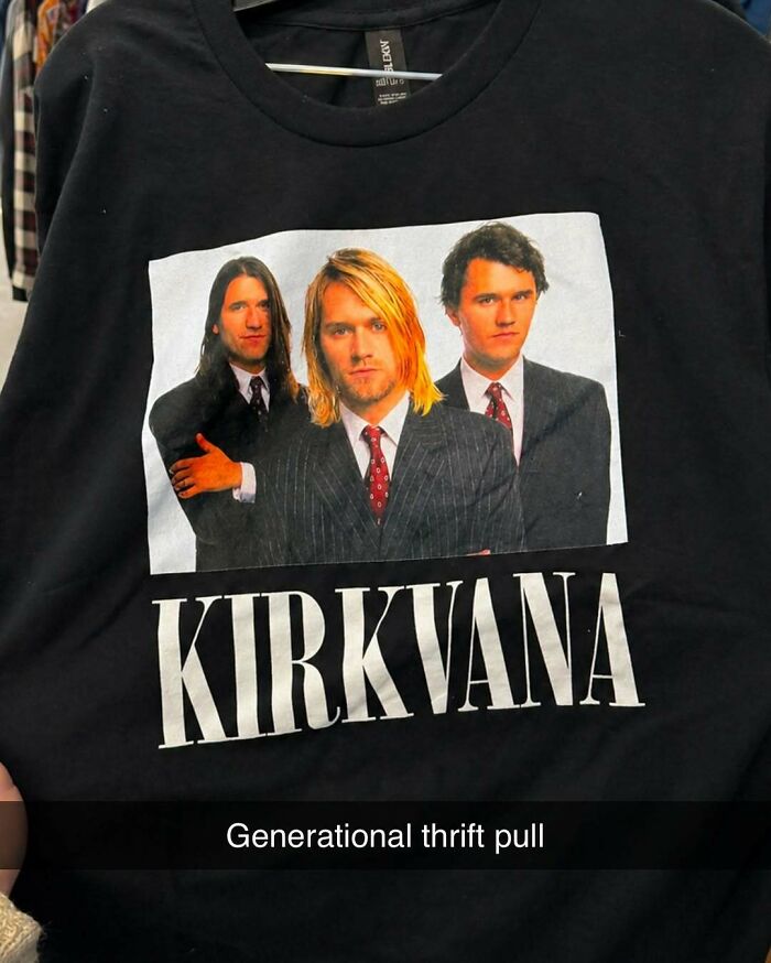An iconic black shirt featuring the band Kirkvana, a parody of Nirvana, with three men in suits.