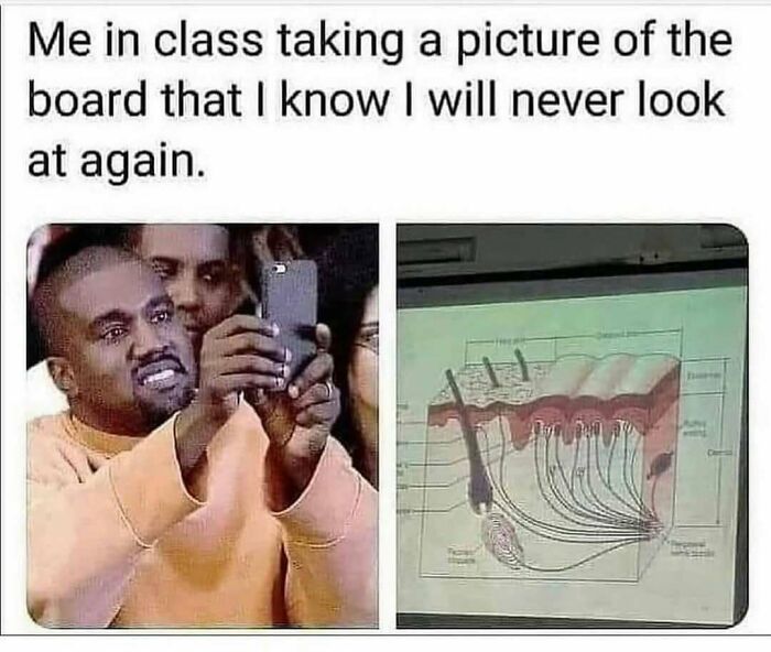 A funny medical meme showing Kanye West taking a picture of a human anatomy diagram in a classroom.
