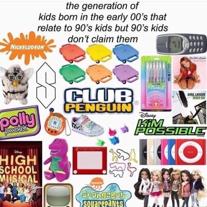 A collage of 90s nostalgia gems like Club Penguin, Polly Pocket, Furby, and a Nokia phone.