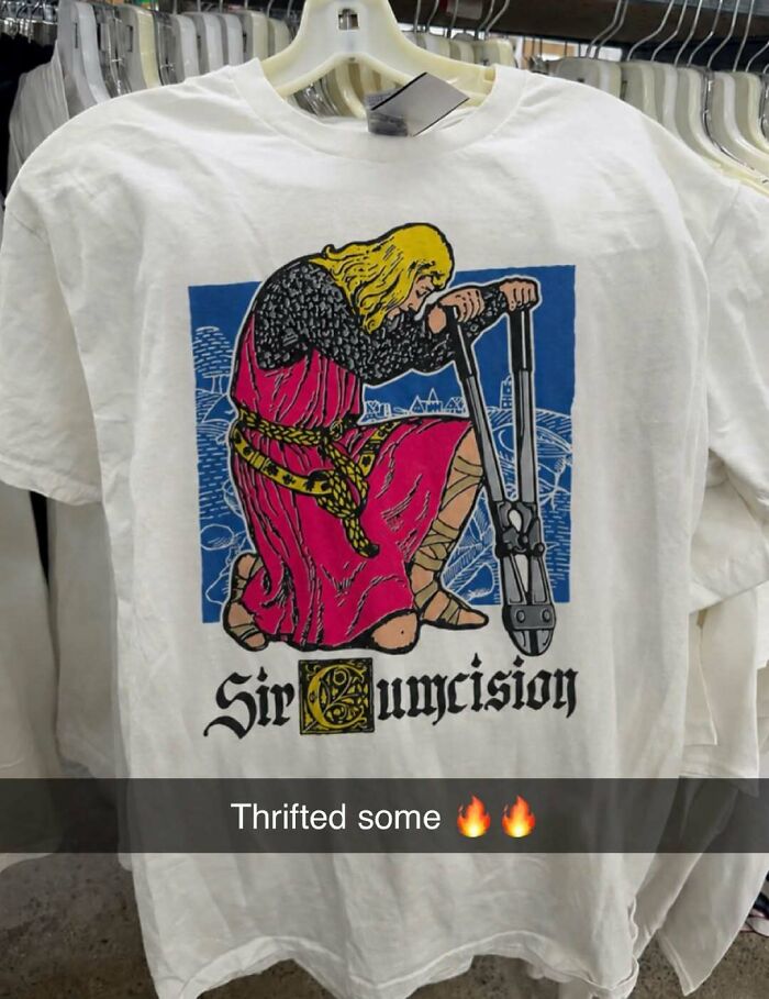 Iconic shirts with a design depicting Sir Cumcision kneeling while holding large bolt cutters.