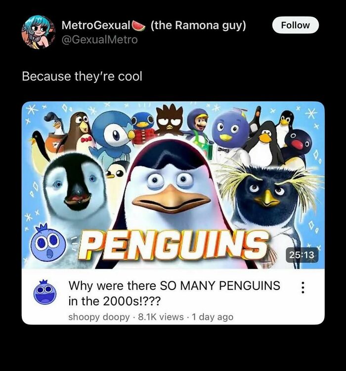 A screenshot of a YouTube video titled Why were there SO MANY PENGUINS in the 2000s!???, an unhinged meme.