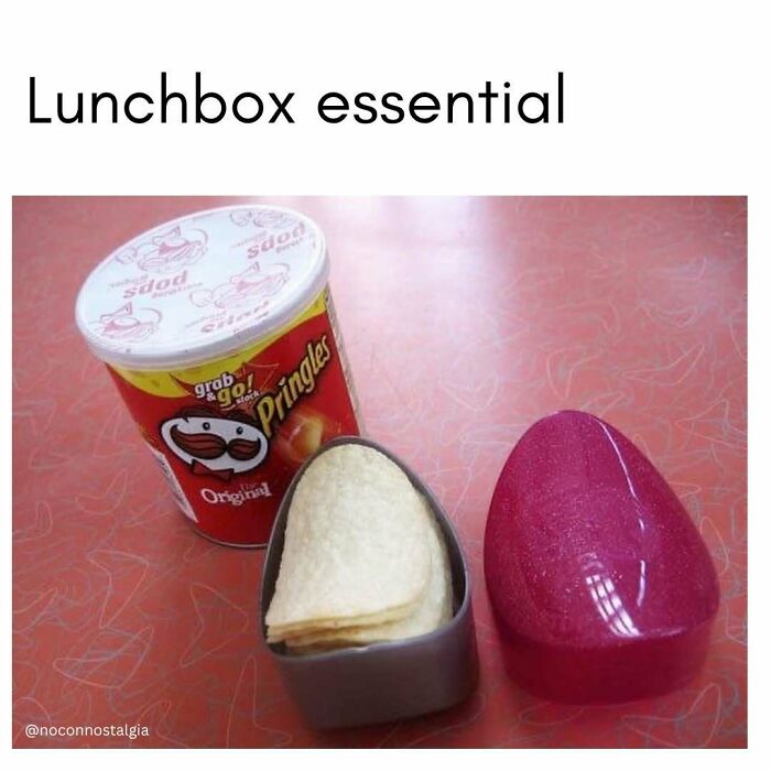 Mini Pringles and a sandwich container, iconic '90s and '00s lunchbox essentials.