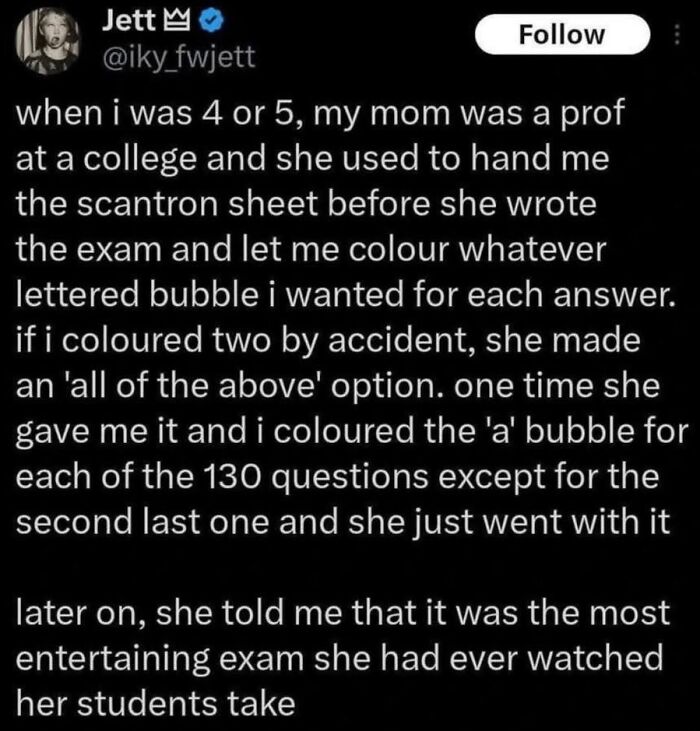 Funny Tumblr Posts: A social media post describing a funny childhood experience with a mom, a college professor, and exam bubble sheets.