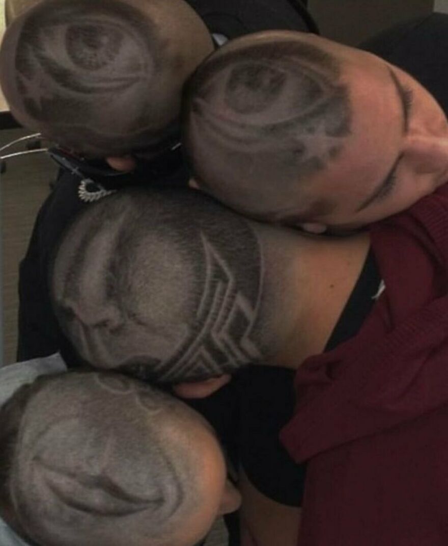 Four individuals with bizarre shaved designs on their heads, creating cursed images.