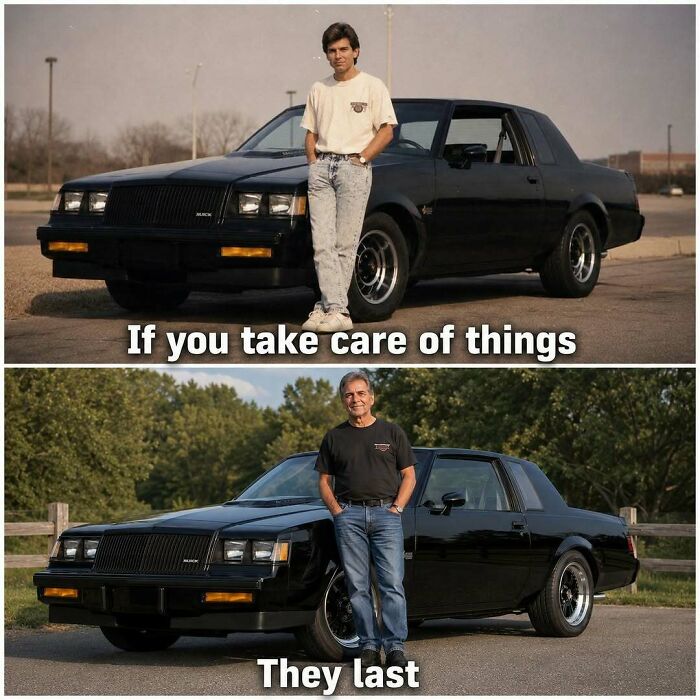 Funny car memes contrasting a young man and his car with an older man and the same well-maintained car.