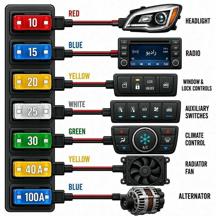 Diagram of car electrical fuses connected to various car components like headlights, radio, and climate control, for car enthusiasts.
