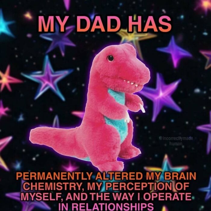 A serotonin meme featuring a pink dinosaur plushie with text about a dad altering brain chemistry.