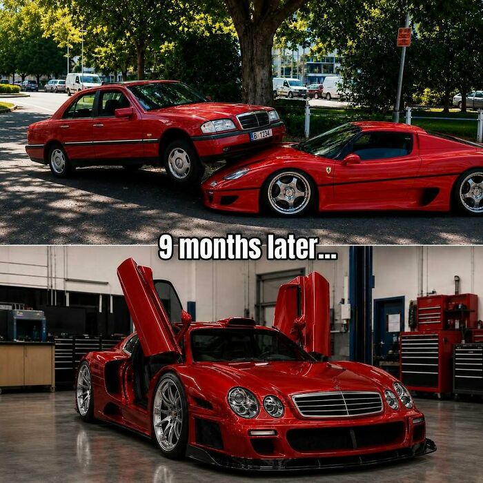 Funny meme showing a red Mercedes and a Ferrari, then a highly modified red car with gull-wing doors, illustrating car transformation.