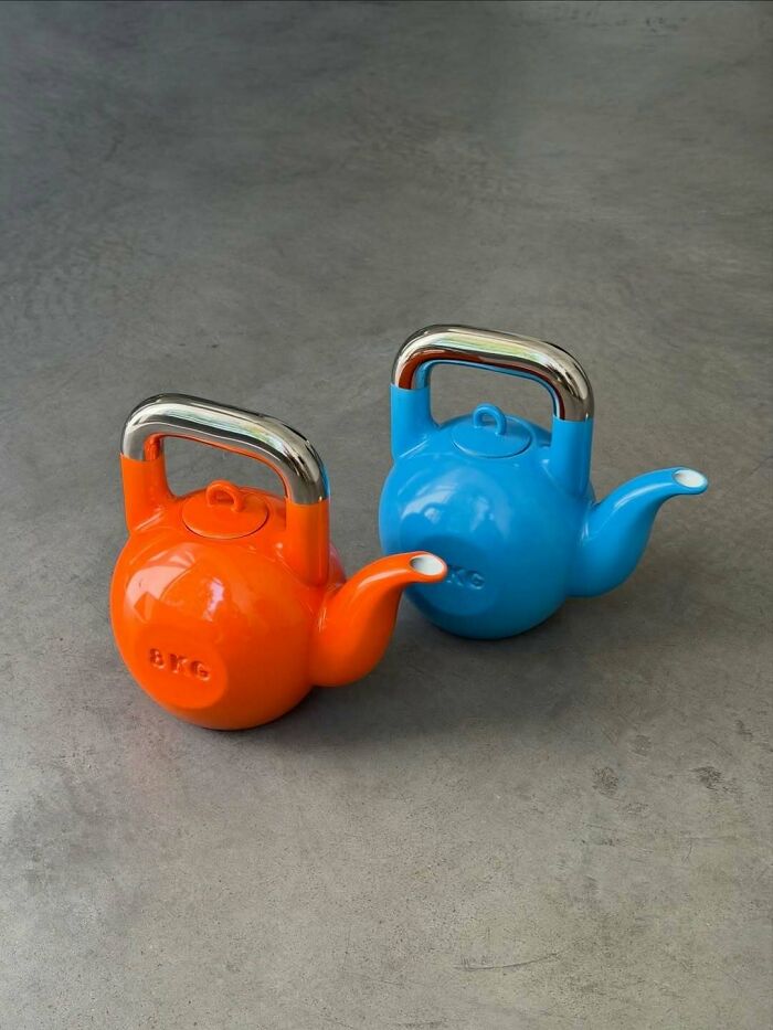 Brilliant designs of two kettlebell-shaped teapots, one orange and one blue, a highlight of clever kitchenware.