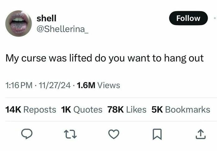 A meme of a tweet by @Shellerina_ saying, My curse was lifted do you want to hang out, an unhinged text to change your mood.