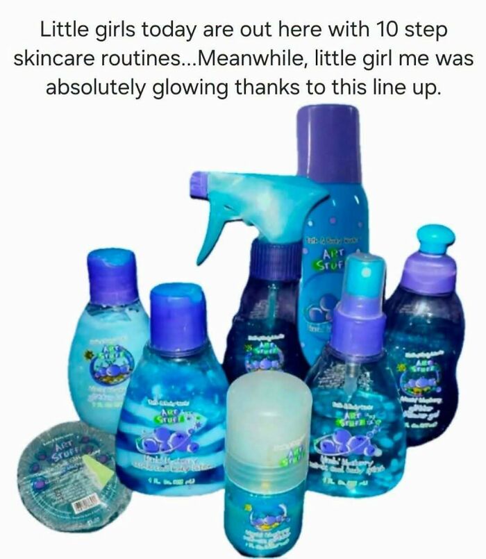 A collection of blue and purple Art Stuff bath and body products, a nostalgic look back at Saturday mornings.