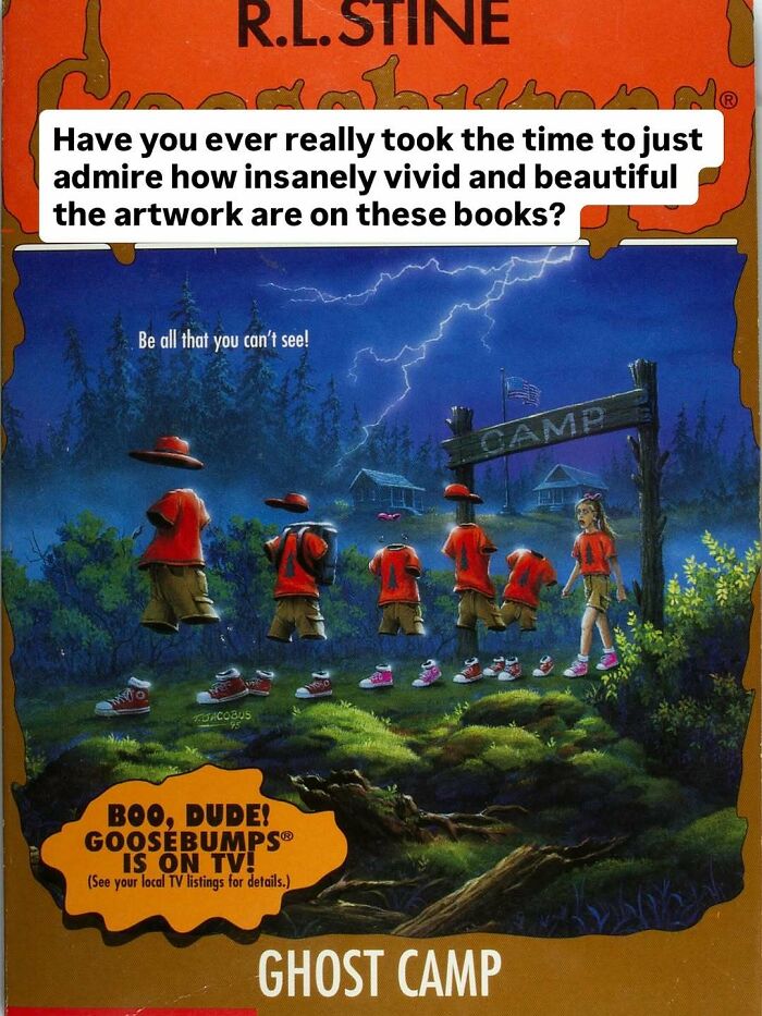 The vivid Goosebumps Ghost Camp book cover by R.L. Stine, a nostalgia gem for Saturday mornings.