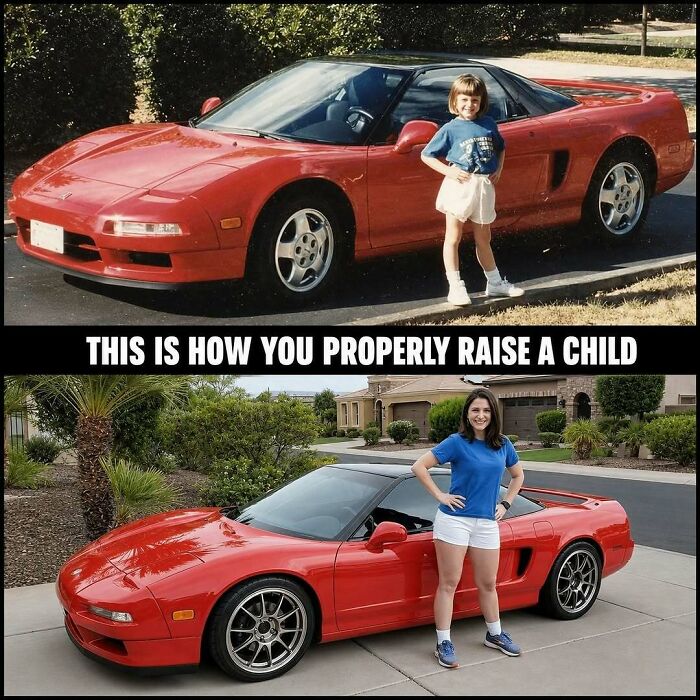Funny car meme showing a young child and then an adult woman posing next to a red sports car.