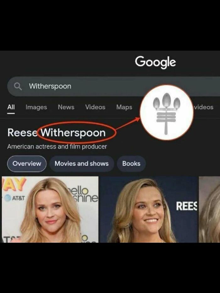 A meme showing a Google search for Witherspoon with an icon of three spoons. This unhinged meme will change your mood.