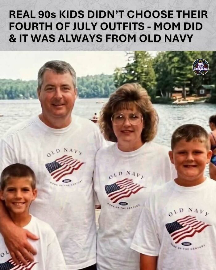 A family portrait featuring parents and two young boys, all wearing matching Old Navy American flag shirts, a hilarious 90s meme.