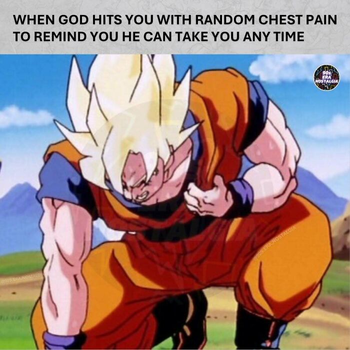 An illustration of Dragon Ball Z character Goku powered up in Super Saiyan form, crouching with a pained expression, a hilarious 90s meme.