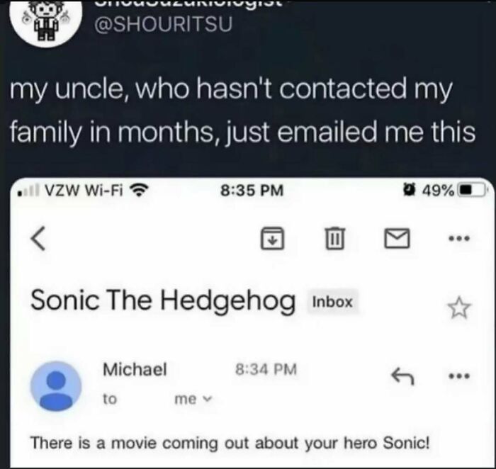 A screenshot showing an email about Sonic The Hedgehog, a funny meme that might change your mood.