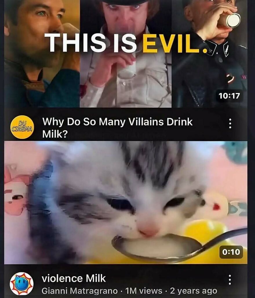 A silly and cute animal meme juxtaposing villains drinking milk with a kitten drinking milk from a spoon.
