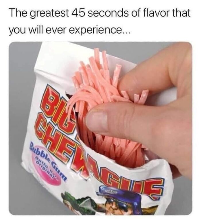 A hand pulling out strands of Big League Chew bubble gum, a pure nostalgia gem from good old Saturday mornings.
