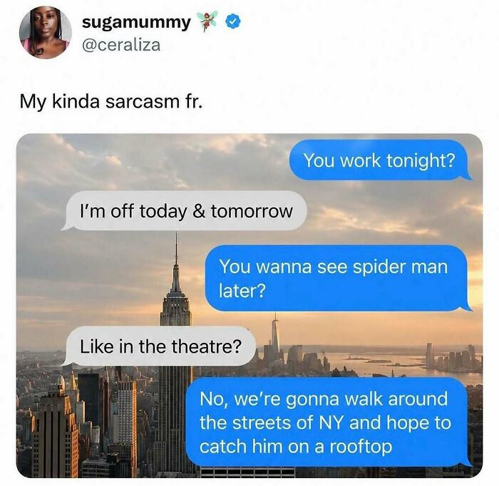 A screenshot of a text message conversation, a great pop culture post that gives good vibes.