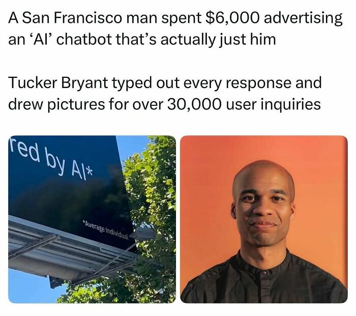 Pop culture post of a man smiling next to a billboard advertising AI, with the text partially visible.