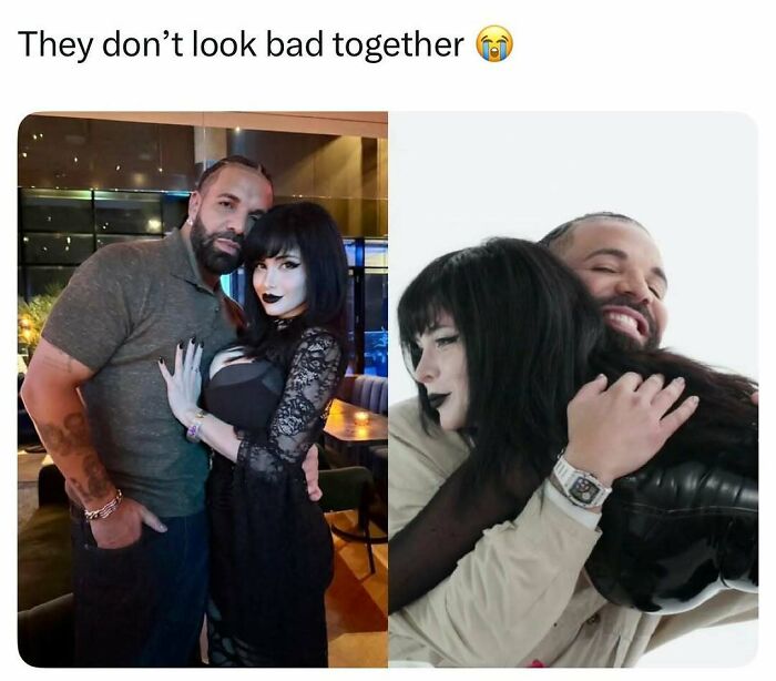 Pop culture post: Two photos of a couple, a man and a woman with dark hair and pale skin, embracing, giving instant good vibes.