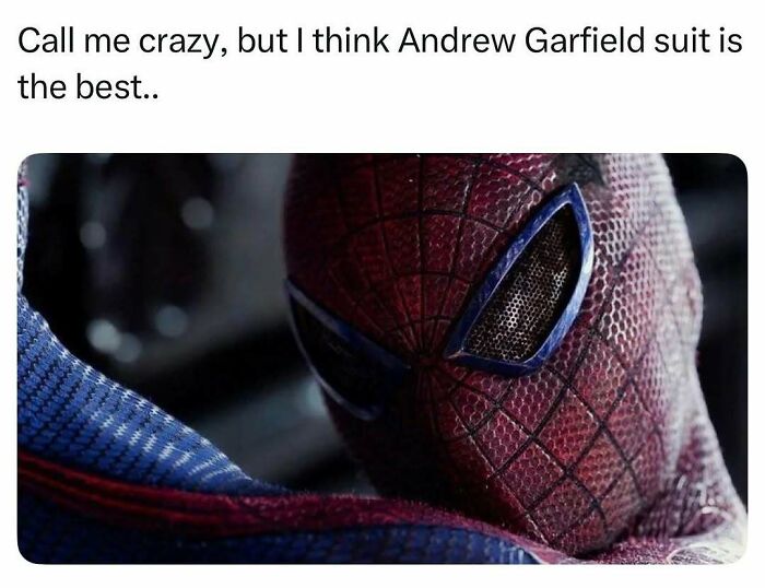 A close-up image of Andrew Garfield as Spider-Man, highlighting the detailed suit. A pop culture post for instant good vibes.