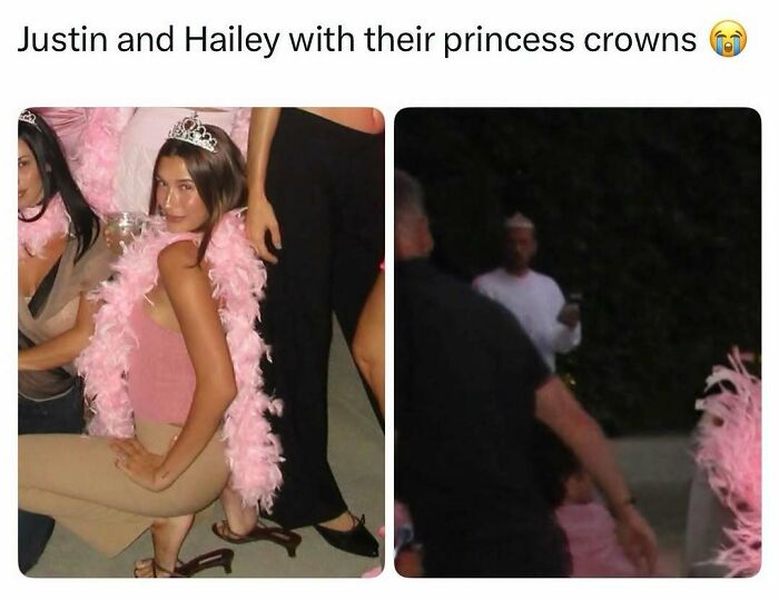 Justin and Hailey Bieber wearing princess crowns, with Hailey posing in a pink boa. Pop culture moment with good vibes.