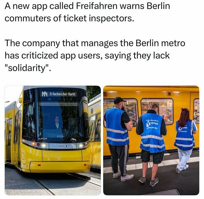 Pop culture post showing a yellow Berlin tram and three people in blue vests on a subway platform.