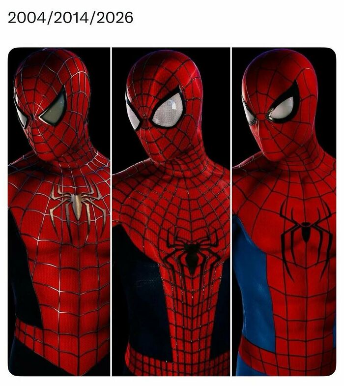 Evolution of Spider-Man suits from 2004 to 2026, offering good vibes through pop culture posts.