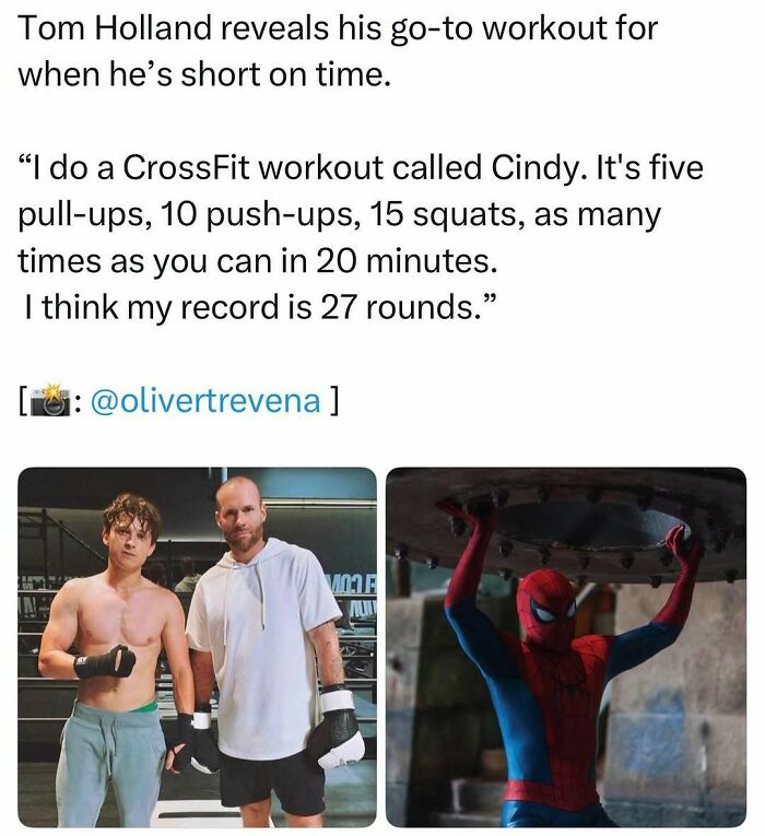 A meme about Tom Holland's workout, a great pop culture post for instant good vibes.
