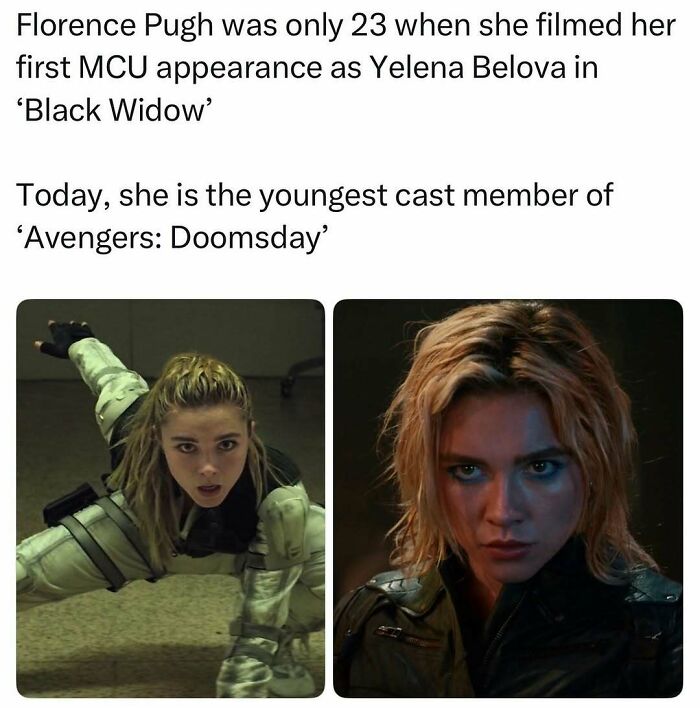 Two pop culture images of Florence Pugh as Yelena Belova from Black Widow, showcasing her youngest cast member appearance.