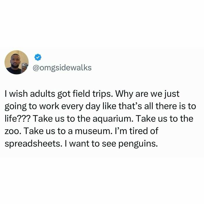A tweet by @omgsidewalks about adults wanting field trips to aquariums or zoos. A pop culture post for instant good vibes.