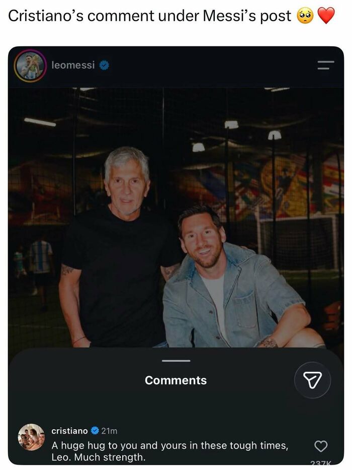 Lionel Messi and another man, with Cristiano Ronaldo's comment below, sharing pop culture good vibes.
