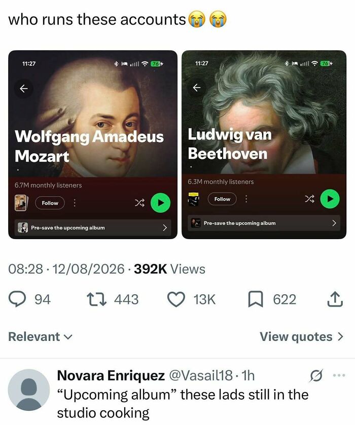 Spotify artist pages for Wolfgang Amadeus Mozart and Ludwig van Beethoven, showing upcoming album pre-saves. Pop culture for good vibes.