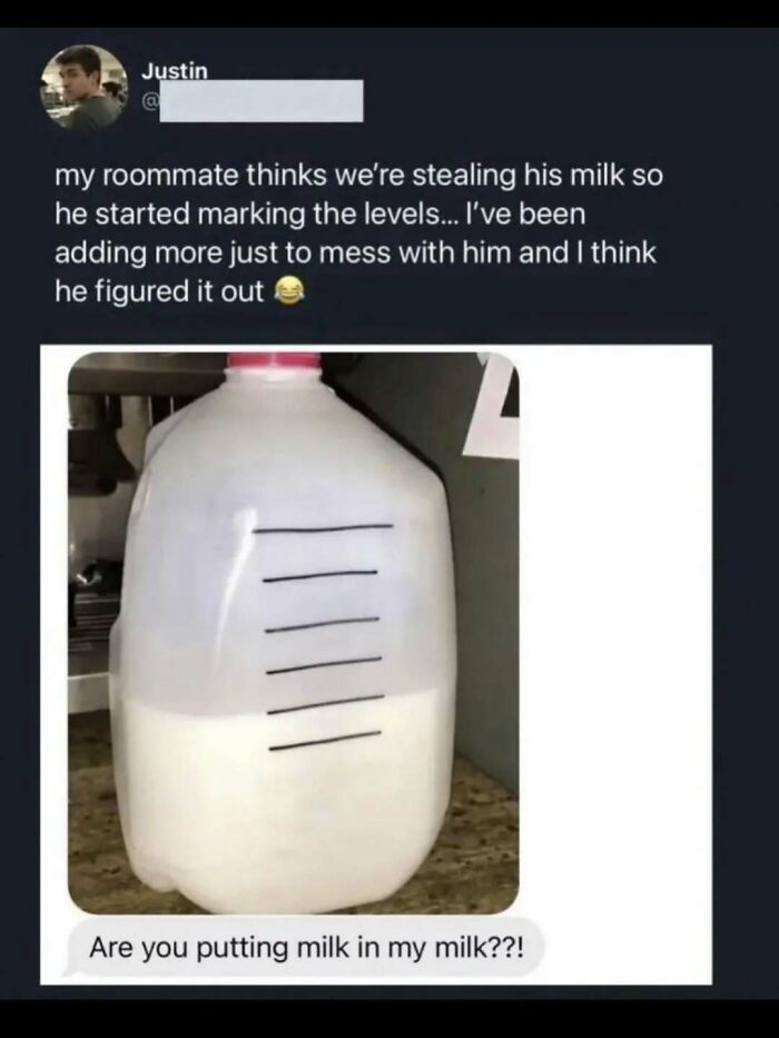 A marked gallon of milk, part of a funny prank, creating an unhinged meme and changing mood.