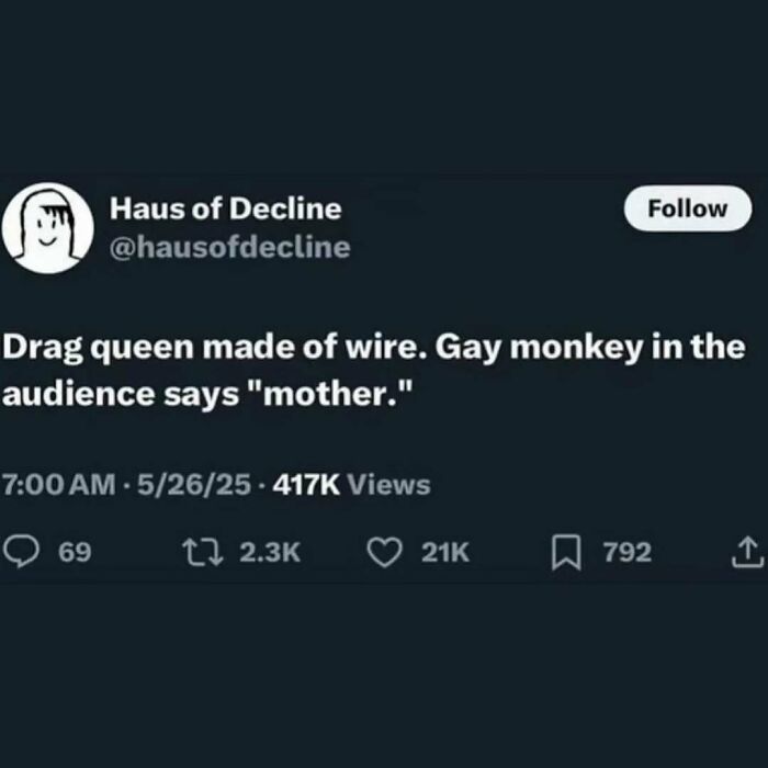 A social media post describing a drag queen made of wire and a gay monkey, a serotonin meme for comfort.