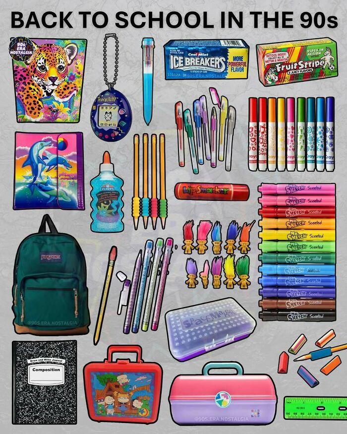 A collection of colorful 90s school supplies including a Jansport backpack, Lisa Frank folder, Tamagotchi, and scented markers, a hilarious 90s meme.