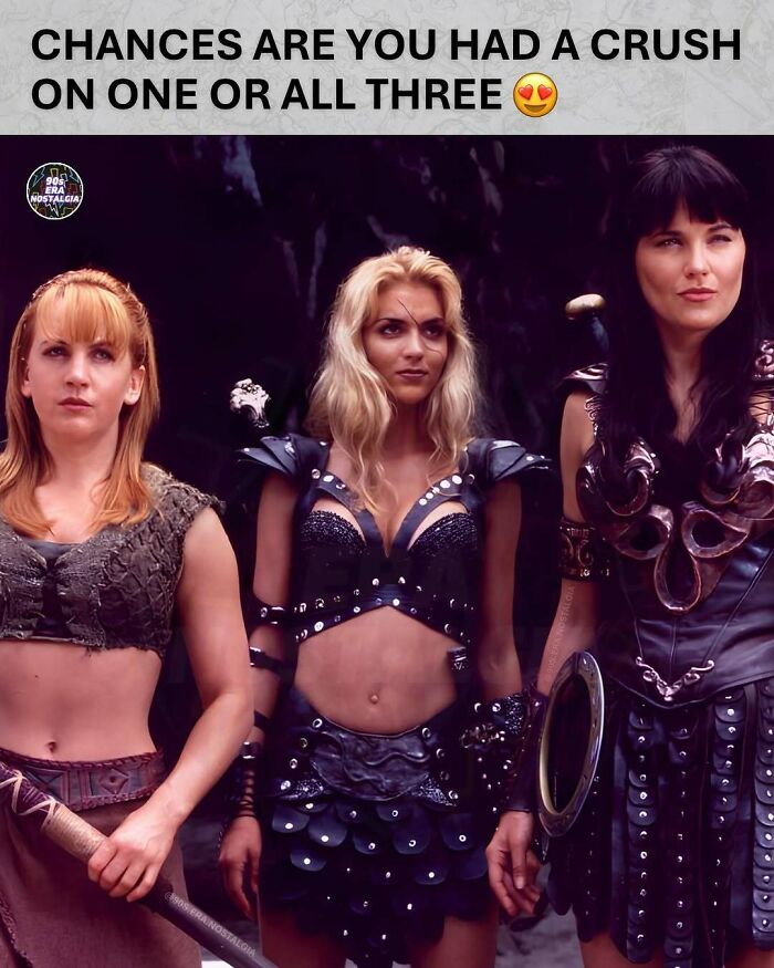 Three women in warrior costumes, sparking nostalgia for 90s memes and crushes on these iconic characters.