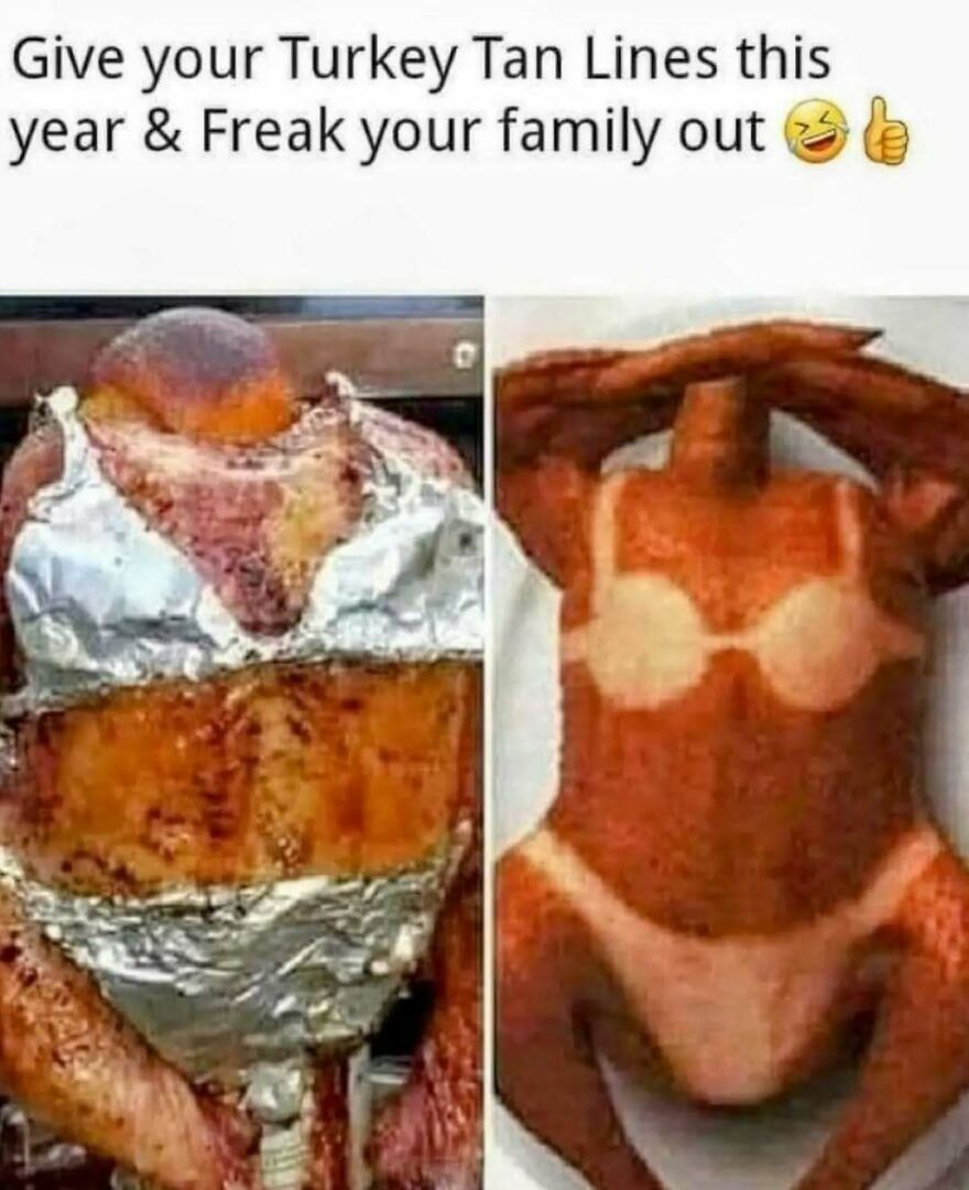A silly animal meme depicting a cooked turkey with a bikini tan line.