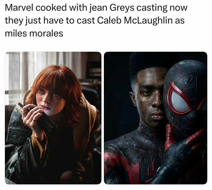 A split image of Jean Grey's casting and Caleb McLaughlin as Miles Morales for pop culture posts.