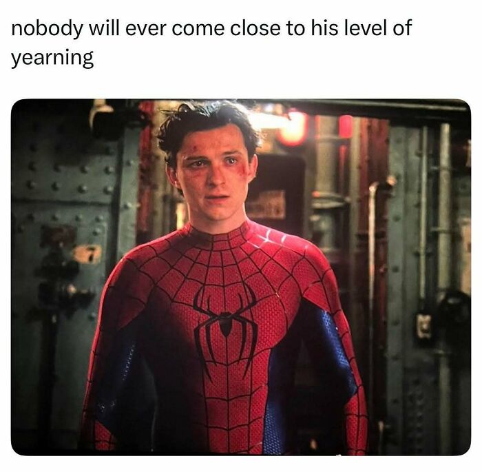 A pop culture image of a sad Spider-Man (Tom Holland) with a look of intense yearning.