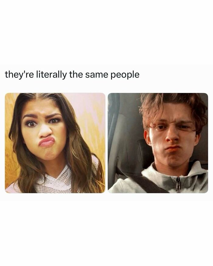 A pop culture meme comparing Zendaya and Tom Holland making similar funny faces.