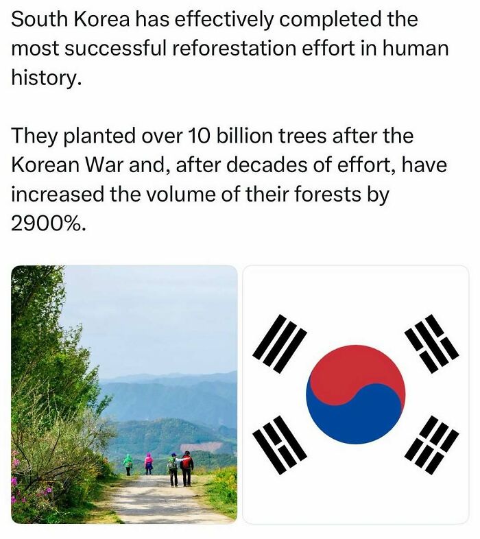 Pop culture post showing a green mountainous landscape with people walking, and the South Korean flag.