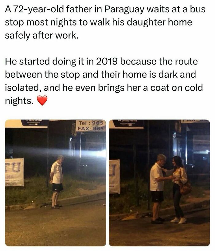 Heartwarming pop culture post of a 72-year-old father waiting for his daughter at a bus stop in the dark.