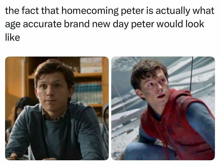 Pop culture post: Two images of actor Tom Holland as Peter Parker, showcasing age-accurate Spiderman for good vibes.